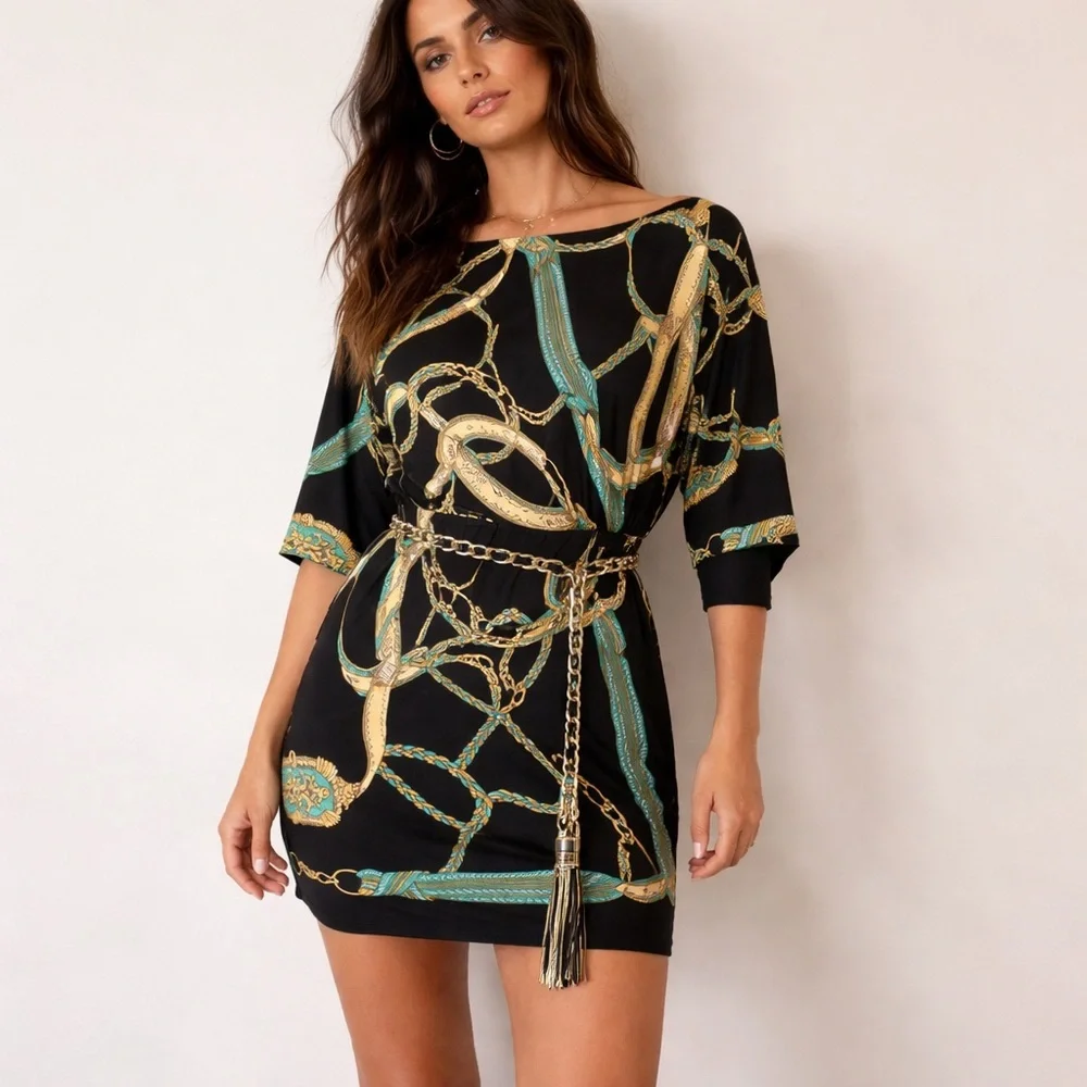 ✨Y2K Cache Dress with Green and Gold Chain Print Size M - Picture 6 of 13